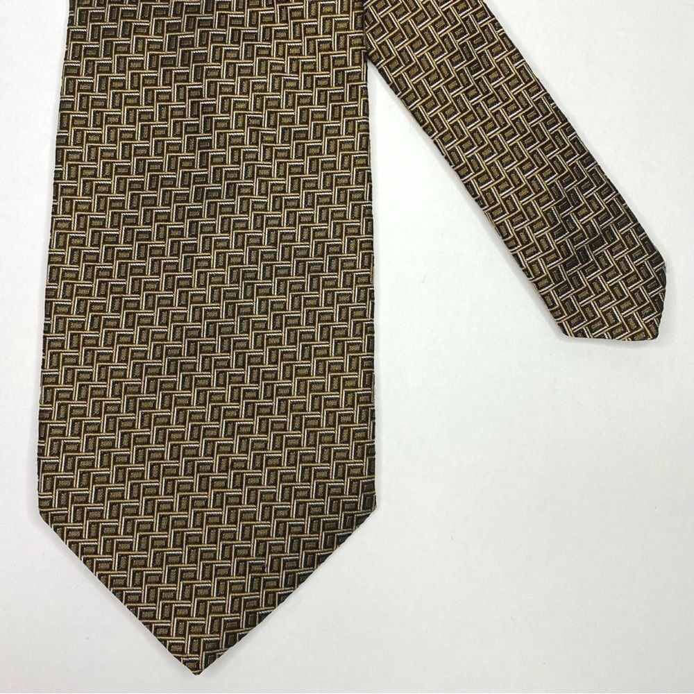 Equestrian Firenze Silk Neck Tie Gold Brown Black Geometric Pattern‎ Academia